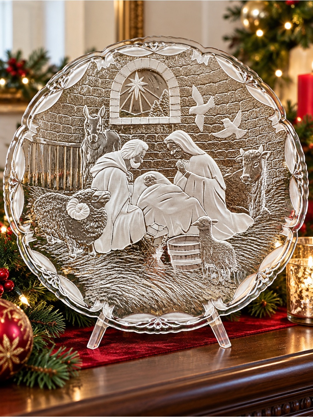 Mikasa Nativity Frosted Crystal Platter Christmas Display Plate w/ Stand Germany